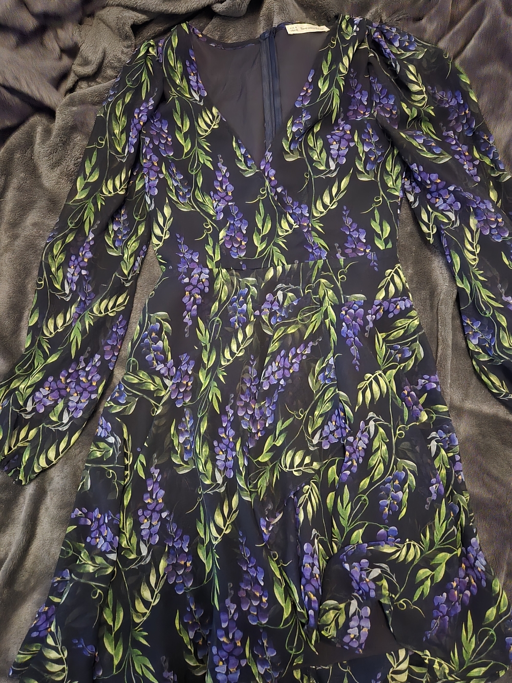 Black Floral Wrap Dress with Purple & Green Vine Print